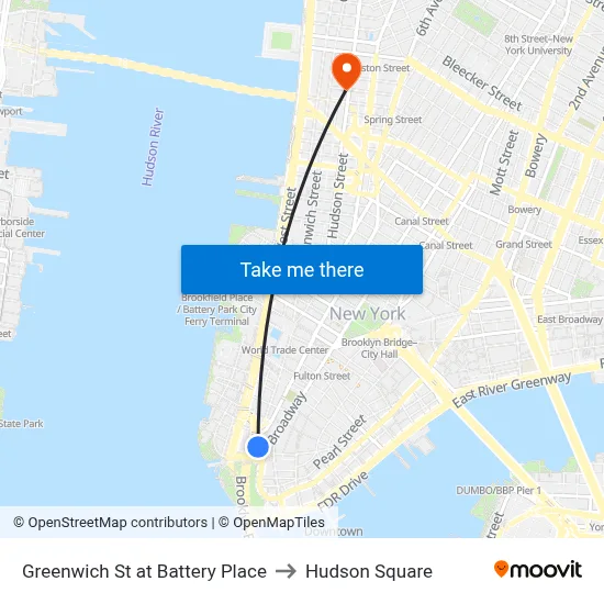 Greenwich St at Battery Place to Hudson Square map