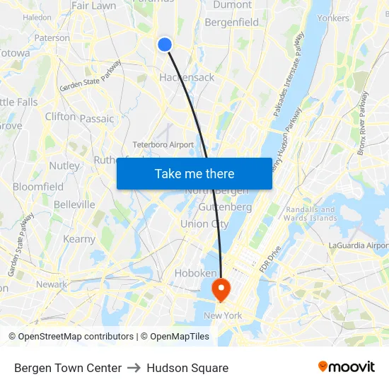 Bergen Town Center to Hudson Square map