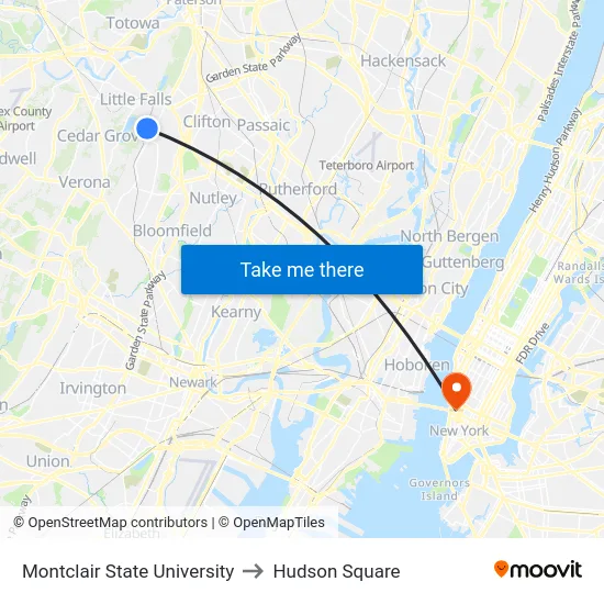 Montclair State University to Hudson Square map