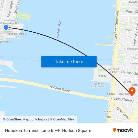 Hoboken Terminal Lane 6 to Hudson Square map