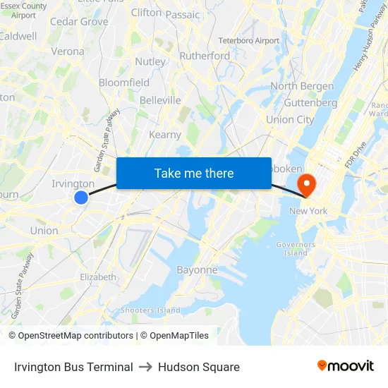 Irvington Bus Terminal to Hudson Square map