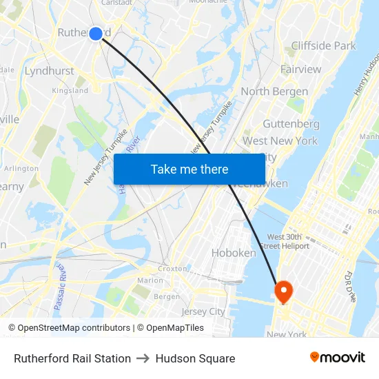 Rutherford Rail Station to Hudson Square map