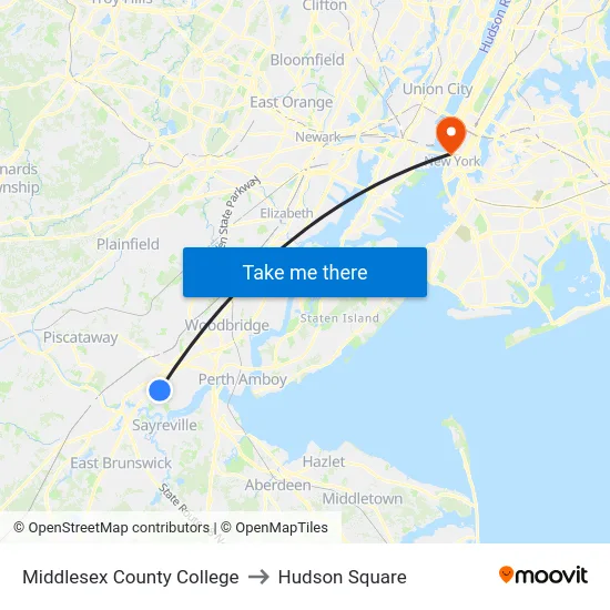 Middlesex County College to Hudson Square map