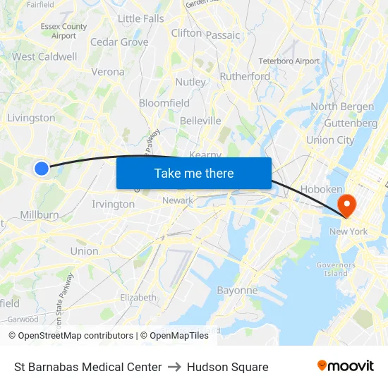 St Barnabas Medical Center to Hudson Square map