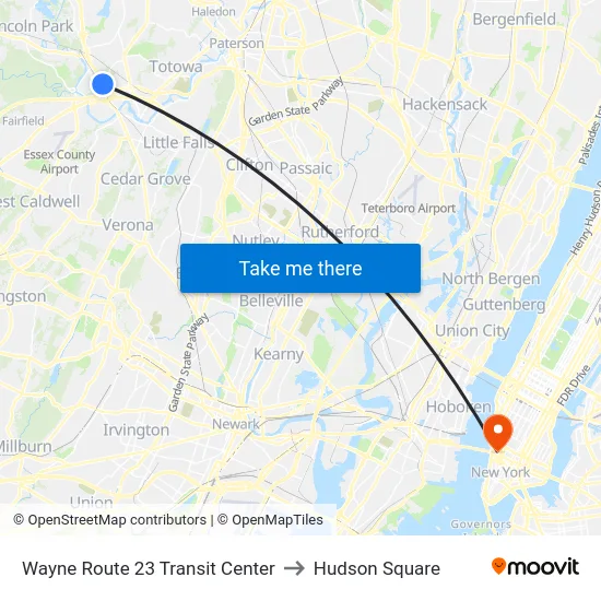 Wayne Route 23 Transit Center to Hudson Square map