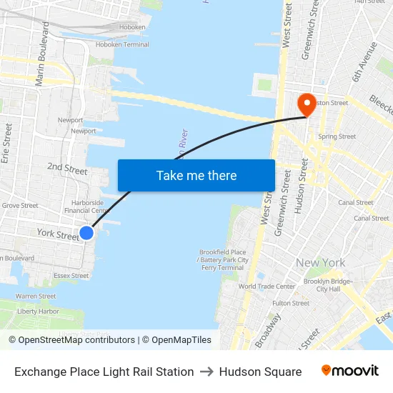 Exchange Place Light Rail Station to Hudson Square map