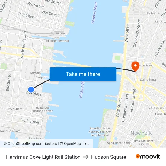 Harsimus Cove Light Rail Station to Hudson Square map