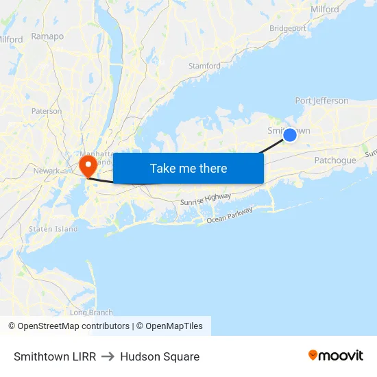 Smithtown LIRR to Hudson Square map