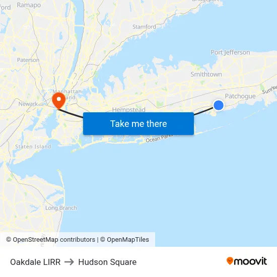 Oakdale LIRR to Hudson Square map