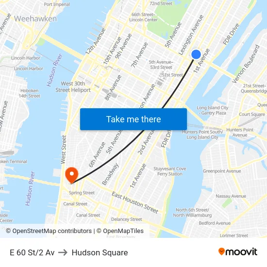 E 60 St/2 Av to Hudson Square map