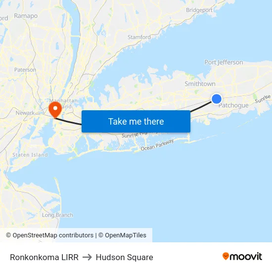 Ronkonkoma LIRR to Hudson Square map