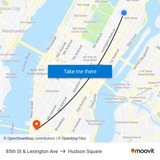 85th St & Lexington Ave to Hudson Square map