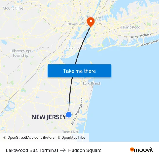 Lakewood Bus Terminal to Hudson Square map