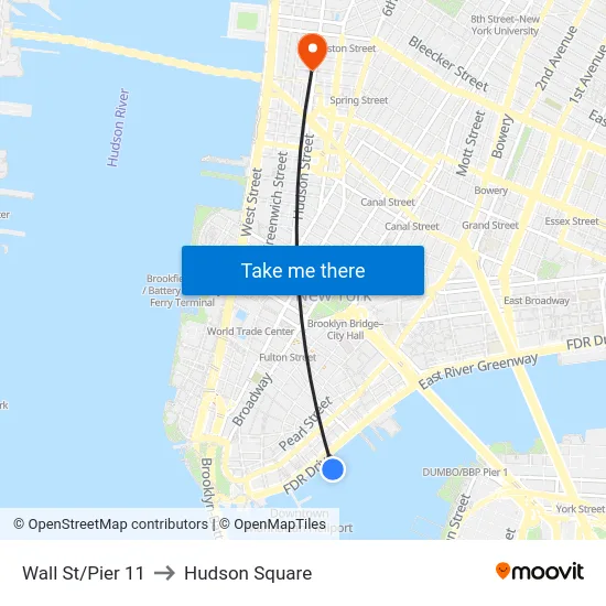 Wall St/Pier 11 to Hudson Square map