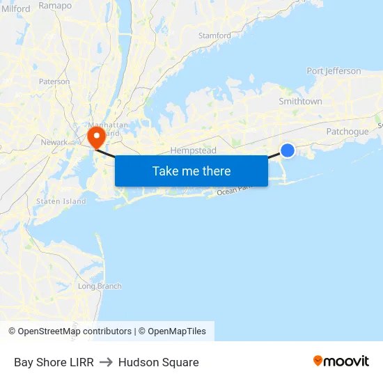 Bay Shore LIRR to Hudson Square map