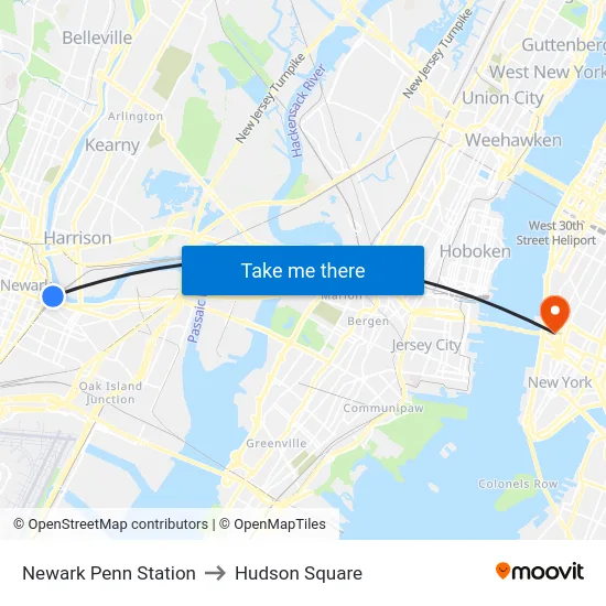 Newark Penn Station to Hudson Square map