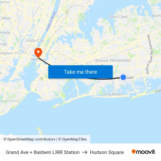 Grand Ave + Baldwin LIRR Station to Hudson Square map