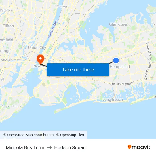 Mineola Bus Term to Hudson Square map