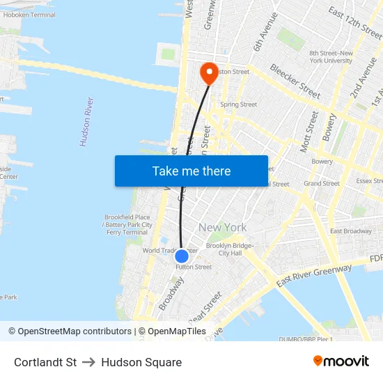 Cortlandt St to Hudson Square map