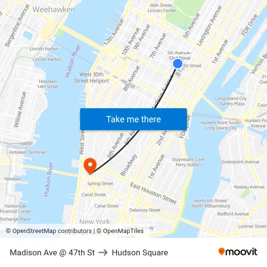 Madison Ave @ 47th St to Hudson Square map