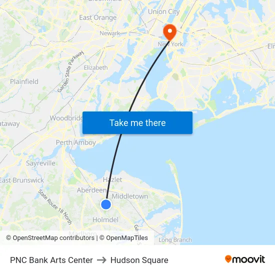 PNC Bank Arts Center to Hudson Square map