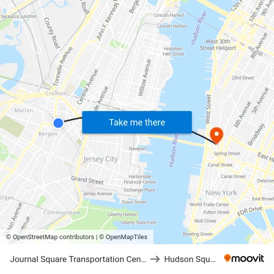 Journal Square Transportation Center to Hudson Square map