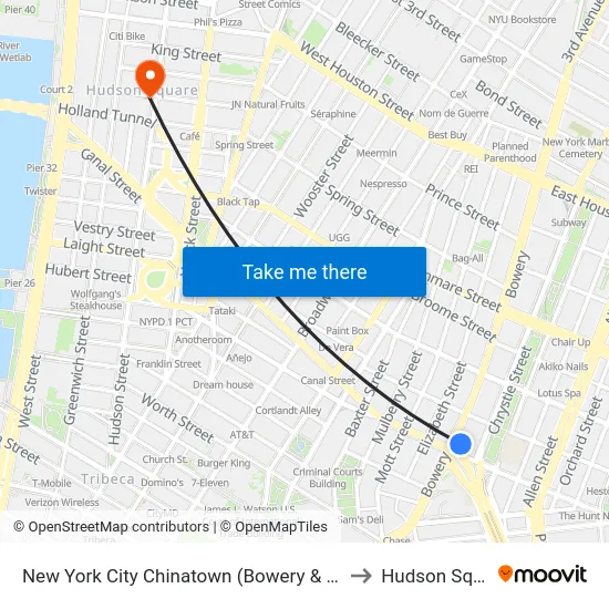 New York City Chinatown (Bowery & Canal St) to Hudson Square map