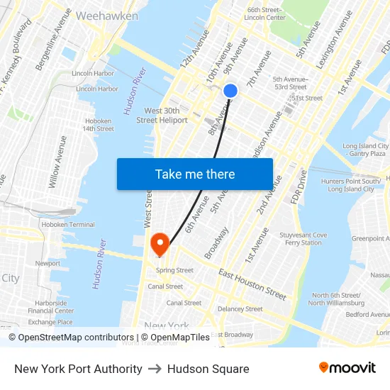 New York Port Authority to Hudson Square map