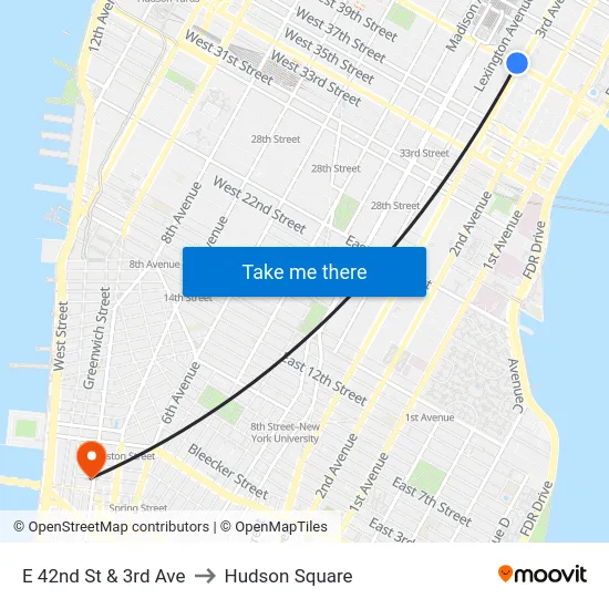E 42nd St & 3rd Ave to Hudson Square map