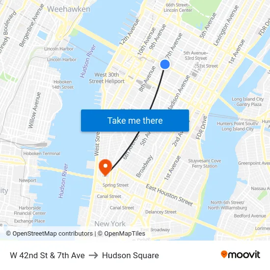 W 42nd St & 7th Ave to Hudson Square map