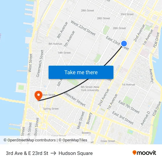 3rd Ave & E 23rd St to Hudson Square map