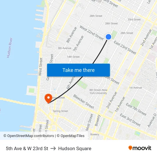 5th Ave & W 23rd St to Hudson Square map