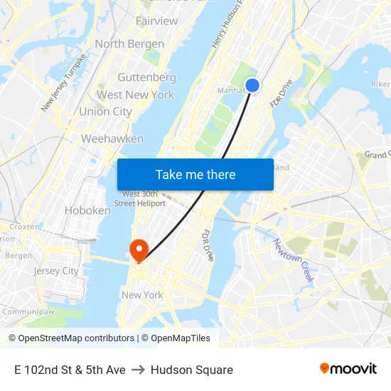 E 102nd St & 5th Ave to Hudson Square map