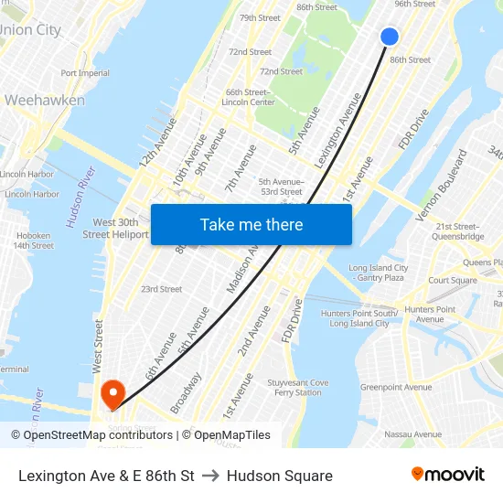 Lexington Ave & E 86th St to Hudson Square map