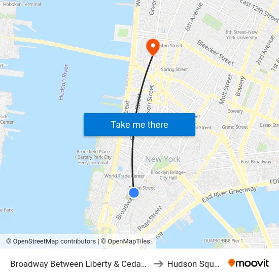Broadway Between Liberty & Cedar St to Hudson Square map