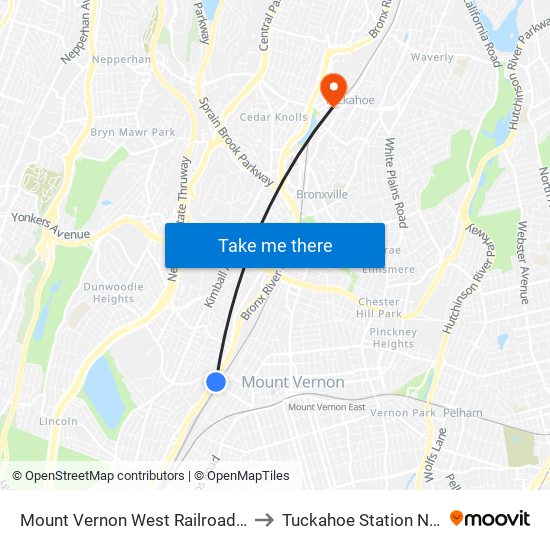 Mount Vernon West Railroad Station to Tuckahoe Station NY USA map