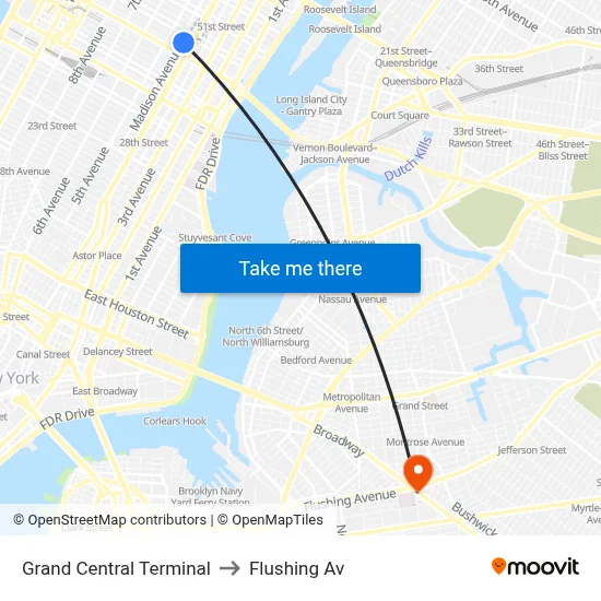 Grand Central Terminal to Flushing Av map