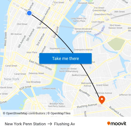 New York Penn Station to Flushing Av map