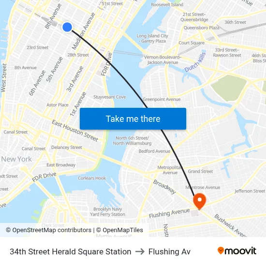 34th Street Herald Square Station to Flushing Av map