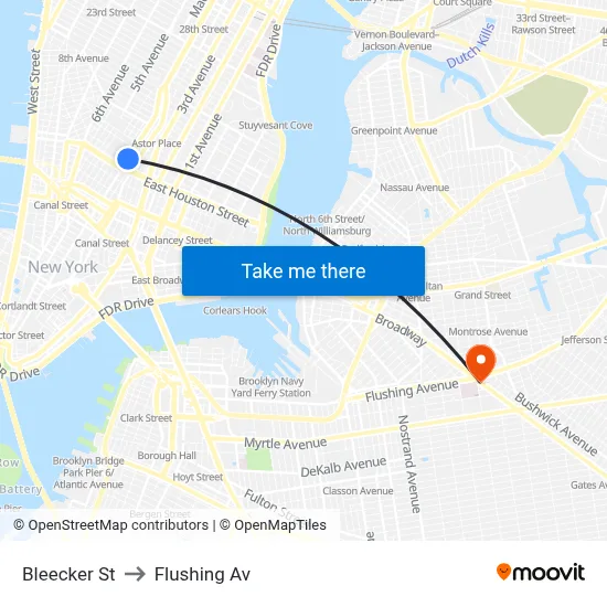 Bleecker St, New York, NY 10012 to Flushing Av map