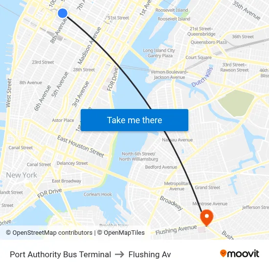 Port Authority Bus Terminal to Flushing Av map