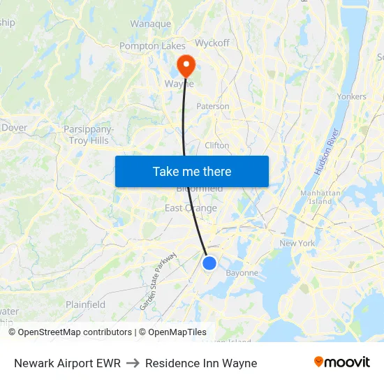 Newark Airport EWR to Residence Inn Wayne map