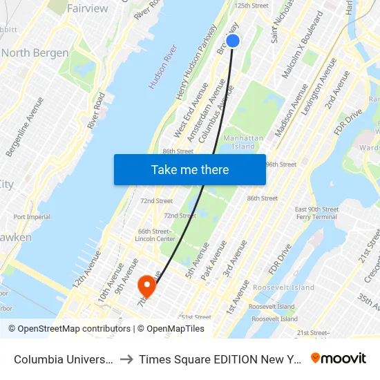 Columbia University to Times Square EDITION New York map