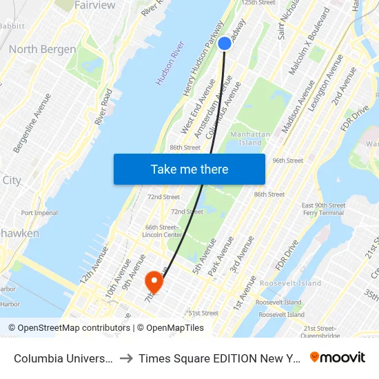 Columbia University to Times Square EDITION New York map