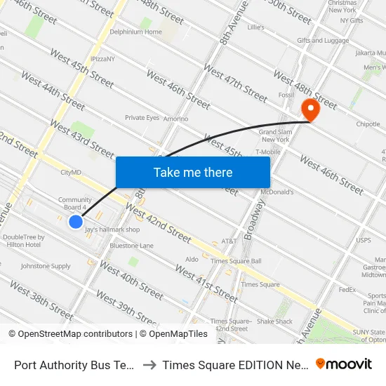 Port Authority Bus Terminal to Times Square EDITION New York map