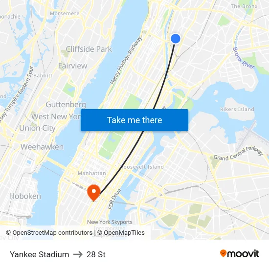Yankee Stadium to 28 St map