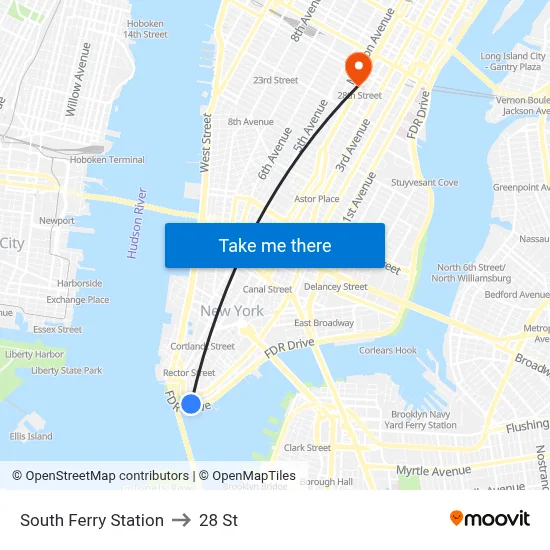 South Ferry Station to 28 St map