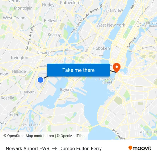 Newark Airport EWR to Dumbo Fulton Ferry map