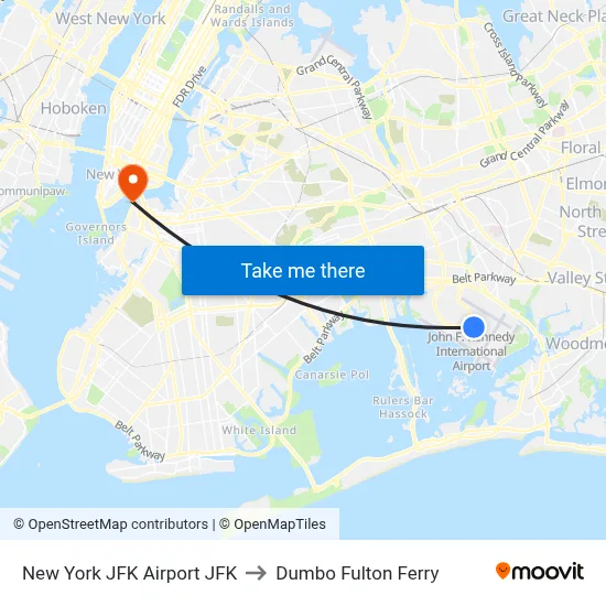 New York JFK Airport JFK to Dumbo Fulton Ferry map