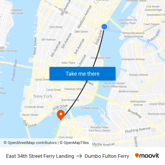 East 34th Street Ferry Landing to Dumbo Fulton Ferry map